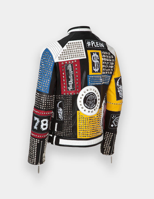 Men's Multicolor Full Studded Embroidery Patches Leather Jacket, Biker-Jacke mit Nieten